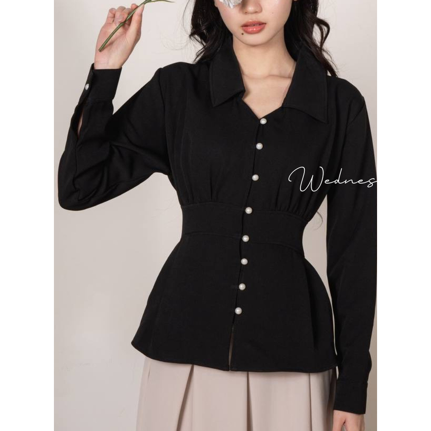 [WDNSDY] Azalea Shirt - Kemeja Wanita Korean Style - VNeck - Atasan Wanita Lengan Panjang