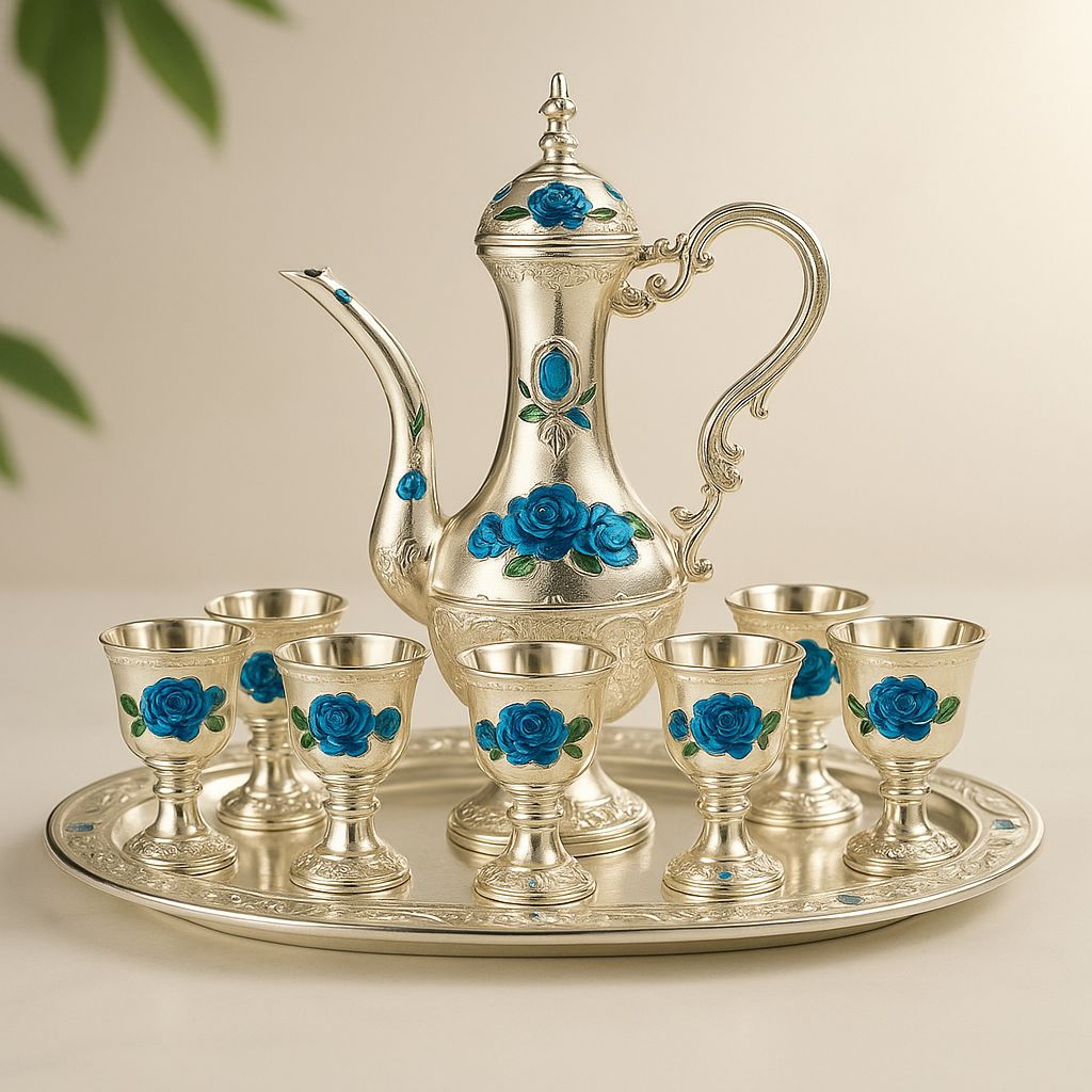 Set Teko & Gelas Hias Motif Bunga Biru – Elegan & Mewah