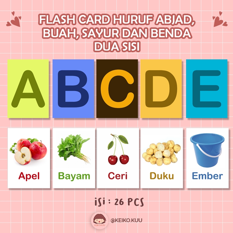 

Flash Card Anak – Huruf Abjad 2 Sisi (Sayur, Buah, dan Benda) – BAHAN TEBAL Art Paper 310gsm