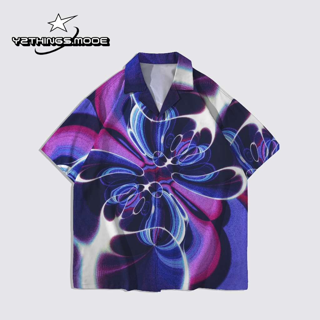 Y2THINGS Kemeja Lengan Pendek Motif Abstrak Wavy Ungu Biru – Shirt Aesthetic Psychedelic Kekinian Un