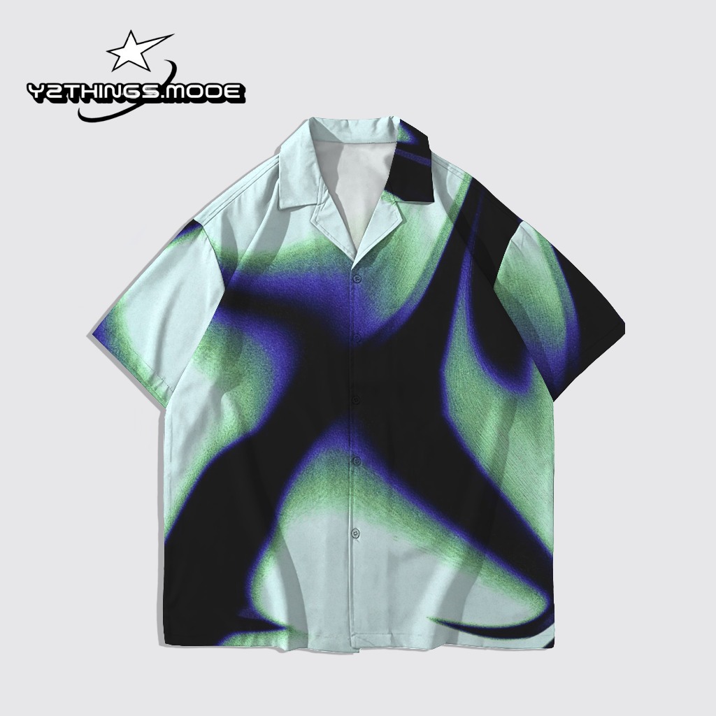 Y2THINGS Kemeja Lengan Pendek Motif Abstrak Blur Hijau Ungu – Shirt Aesthetic Psychedelic Kekinian U
