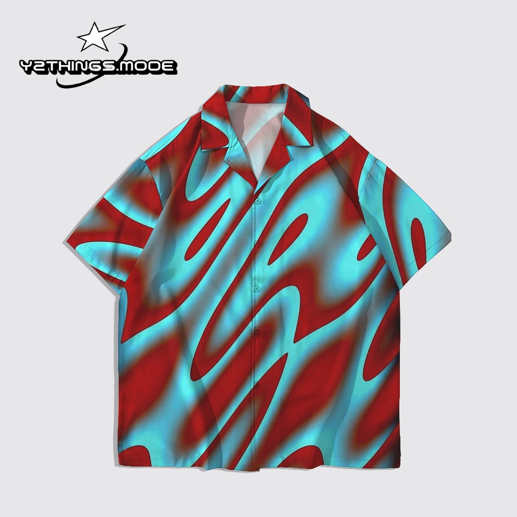 Y2THINGS Kemeja Lengan Pendek Motif Abstrak Wavy Biru Merah – Shirt Aesthetic Psychedelic Kekinian U
