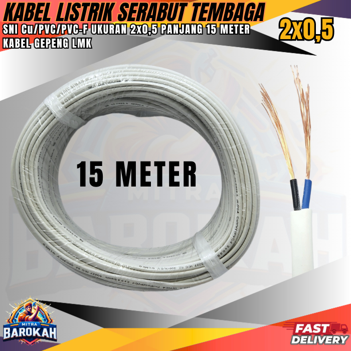 2x0.5 Kabel Gepeng Listrik Serabut / Kabel Listrik Serabut Tembaga 15 METER / Kabel Listrik Fleksibe