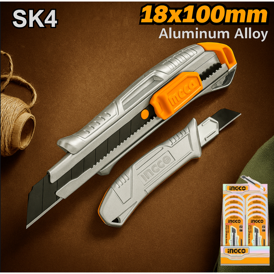

INGCO Pisau Cutter Besar AutoLock 18mm HKNS11807 Pemotong Kertas Aluminium Alloy SK5 Tahan Karat Ergonomis 152mm Tajam cocok Untuk Kardus Kertas Plastik Dan Lain-Lain