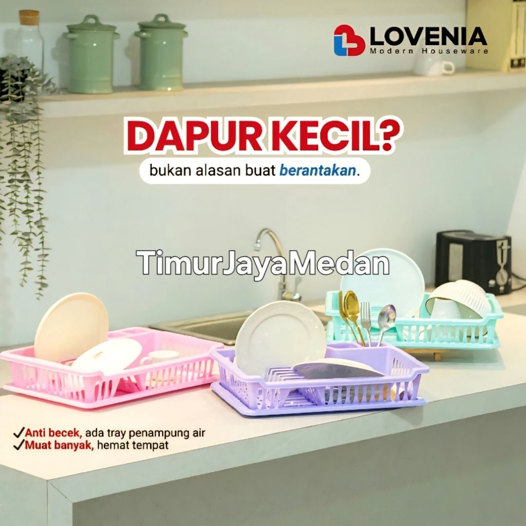 Rak Piring Plastik Dapur 1 Tingkat Dengan Tatakan Piring Basah Dish Rack Nampan Rak Cuci Piring LOVE