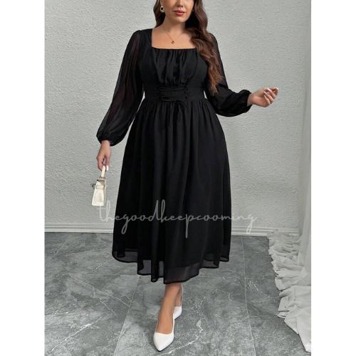 Laluna Dress Plus Size Nyaman & Elegan Leher Persegi, Pinggang Ikat Sendiri, Gaun Sifon Panjang A-Li