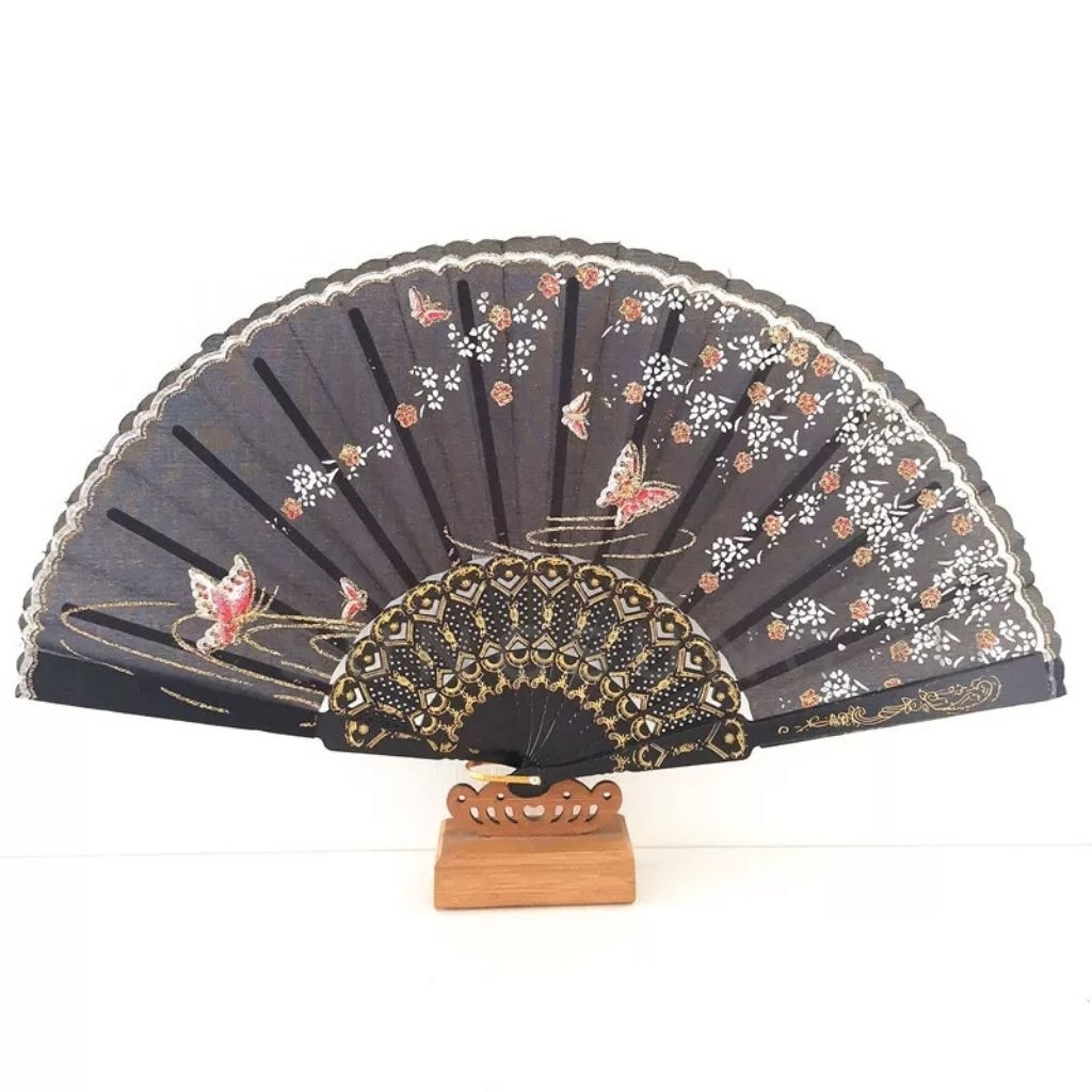 Kipas Tangan Lipat Motif Bunga / Kipas Tangan Kain Hitam / Souvenir Kipas Tangan (1783)