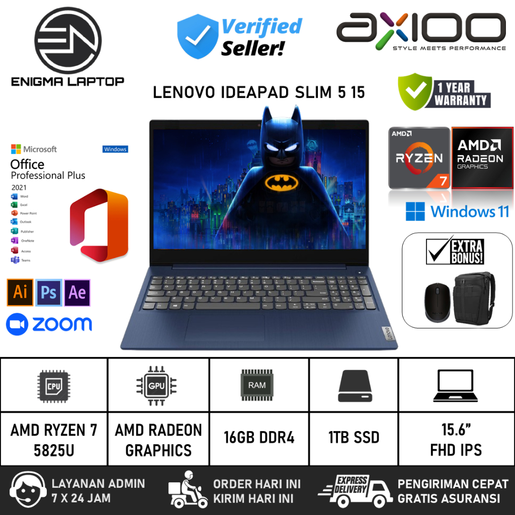 Laptop Slim Lenovo Ideapad Slim 5 15 AMD Ryzen 7 5825U RAM 16GB 1TB SSD 15.6" FHD IPS Backlit Win11