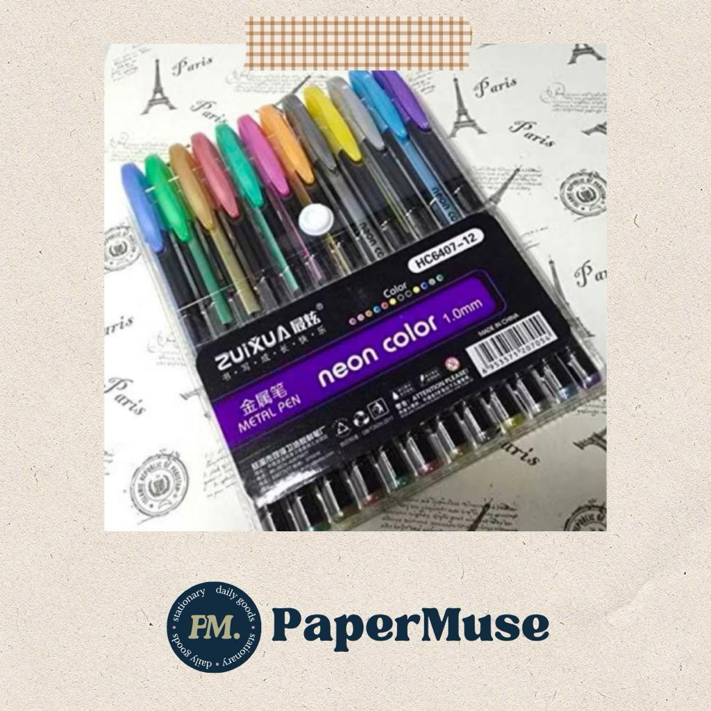 

Pulpen Gel Warna Metallic Neon 12 Warna | Gel Pen Glitter untuk Hias & Menulis