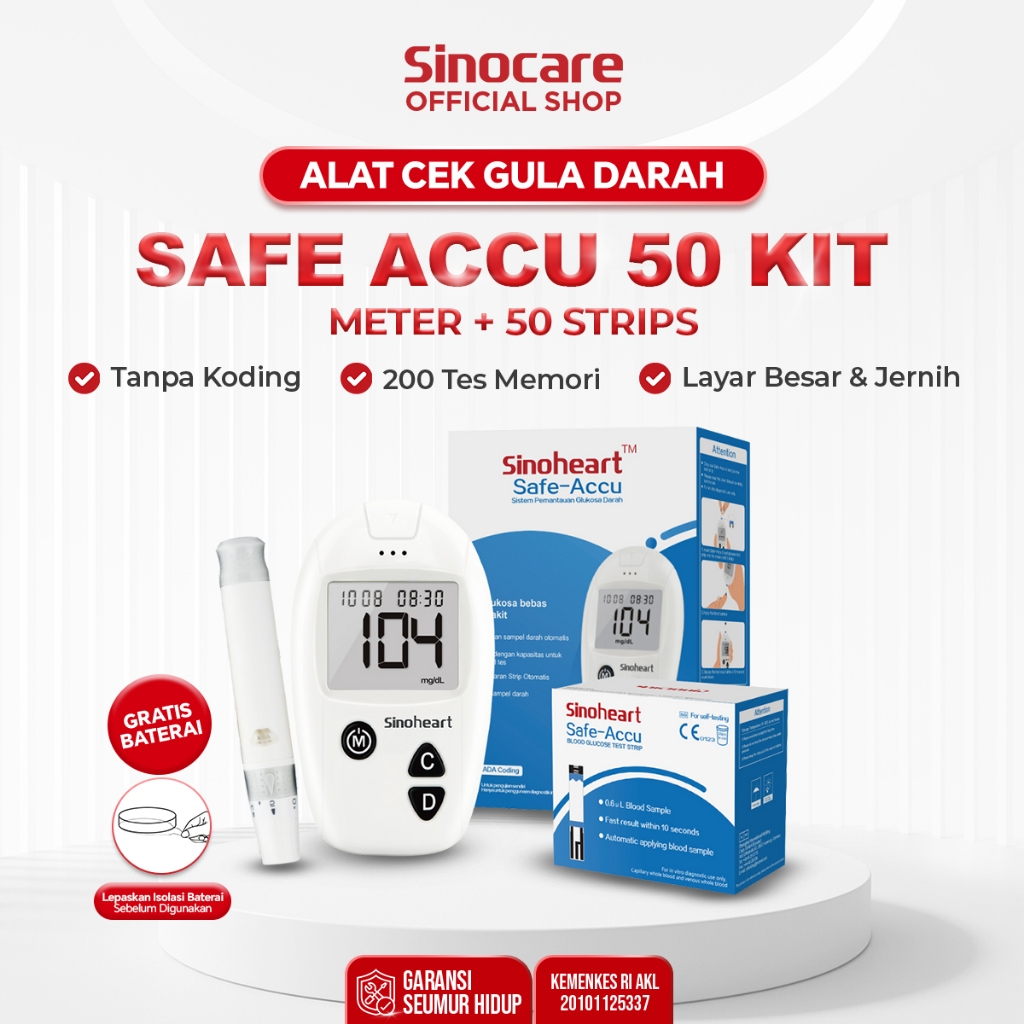 Gula Darah Sinocare Safe-Accu Alat Tes Gula Darah Instant Alat Cek Gula 200 Memori 50KIT