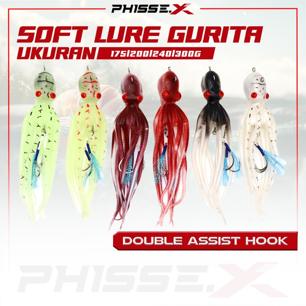 PHISSE.X Umpan Soft Lure Jig Cumi-Cumi Laut Uk. 175g-300g/ Umpan Double Assist Hook Pemancing Ikan P