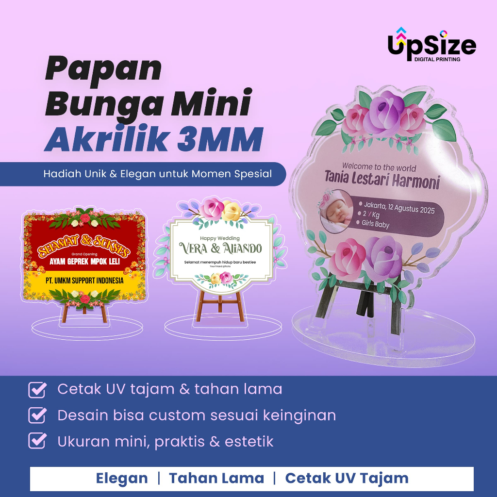 Papan Bunga Mini Akrilik Custom | Plakat Ucapan UV Print Hadiah Ultah & Dekorasi Tebal 3mm