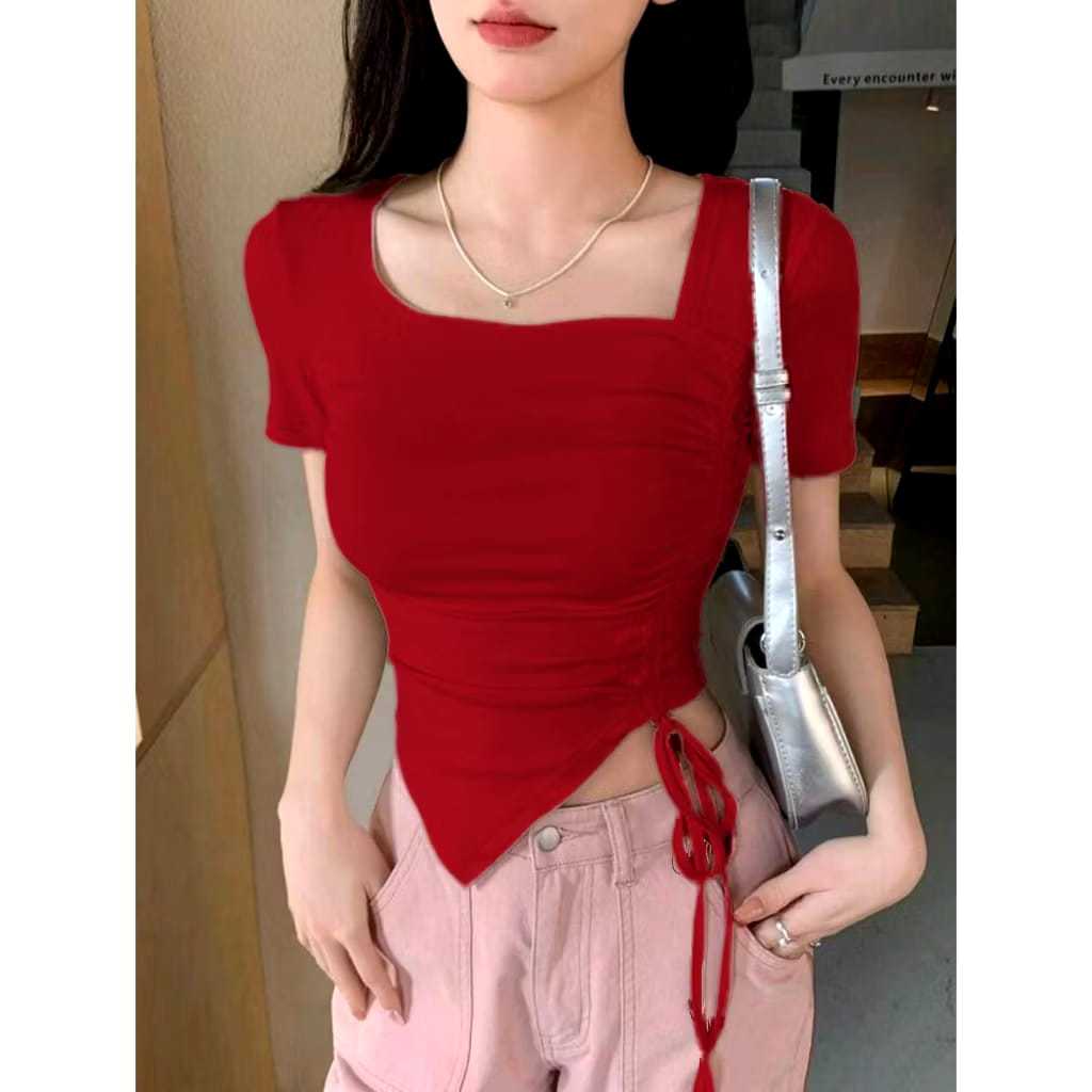 Crop Top Square Neck Serut Lengan Pendek - Korean Fashion - Crop Top Terbaru - Square Neck