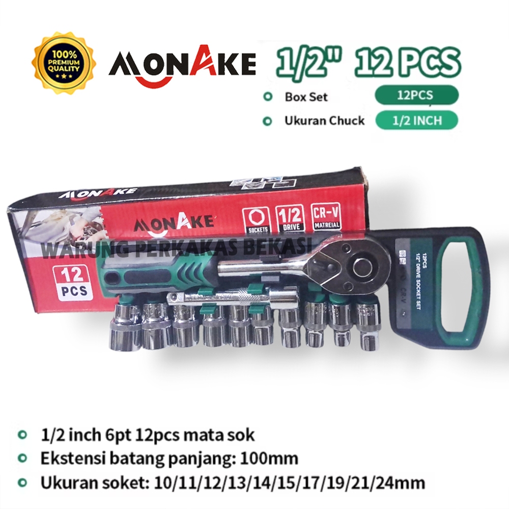 Kunci Sok Set 12 Pcs Kunci Sock Lengkap 1/2 Inch Socket 12pcs x 6pt Monake Kunci Sok Wrench Rachet K