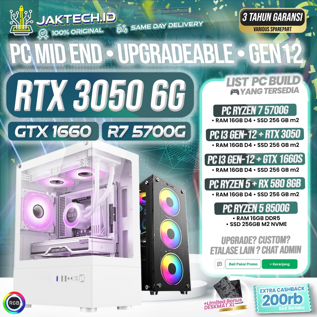 PC Gaming i3 12100F / i5 12400F | RTX3050/RTX 5050/2060/RX 580 8GB Editing Desain Live Streaming