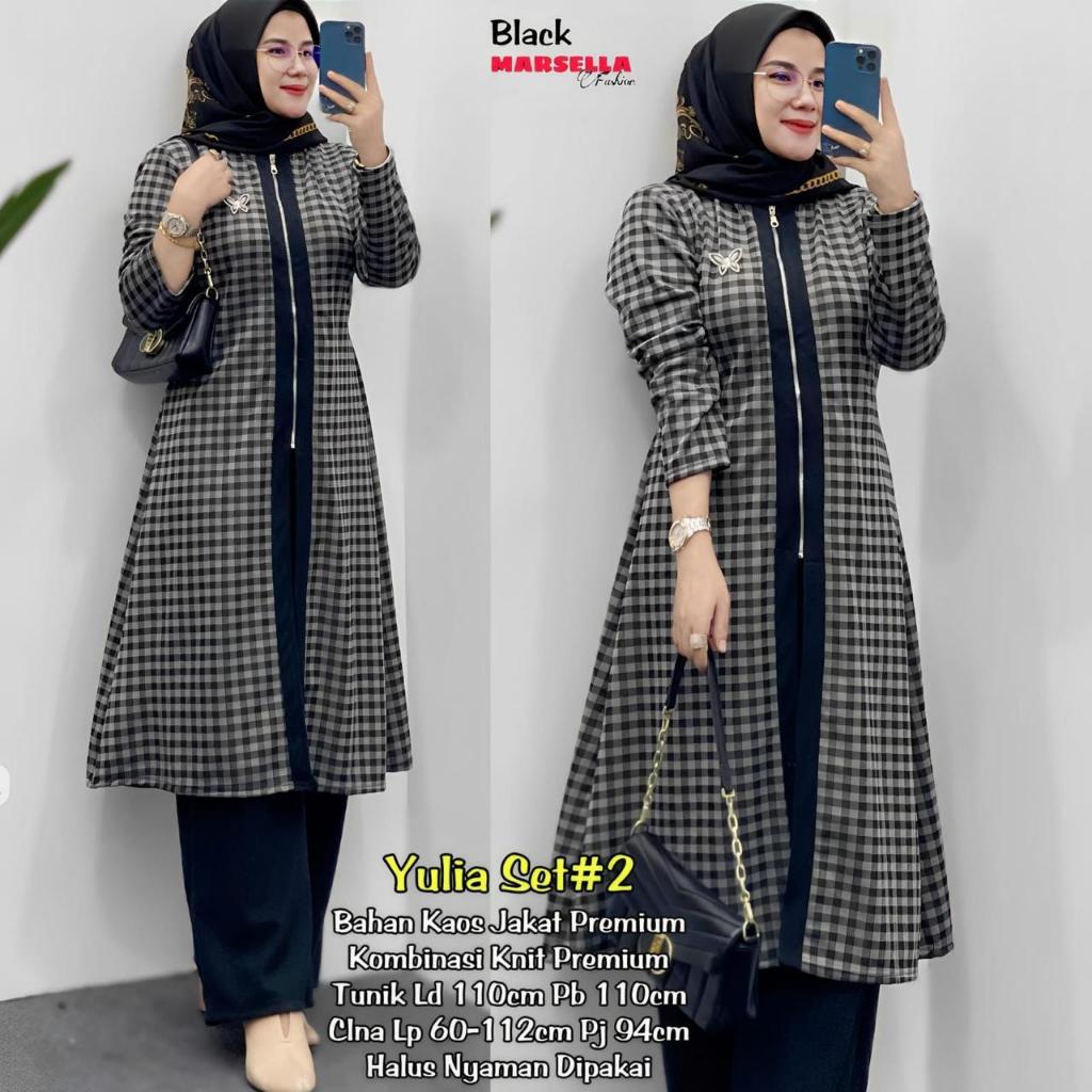 Marsella Fashion Baju Wanita Dres Yulia Set 2 Black Bahan Kaos Jakat Premium Kombinasi Knit Tunik Ld