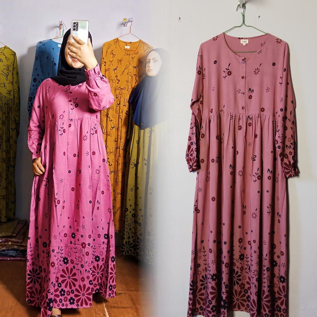 Gamis dress remaja model kekinian dzakira motif bunga pita