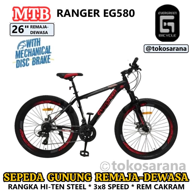 Dikirim Siap Pakai Sepeda Gunung Evergreen Ranger EG580 MTB Dewasa 26" Steel 3x8Sp Cakram Mekanis