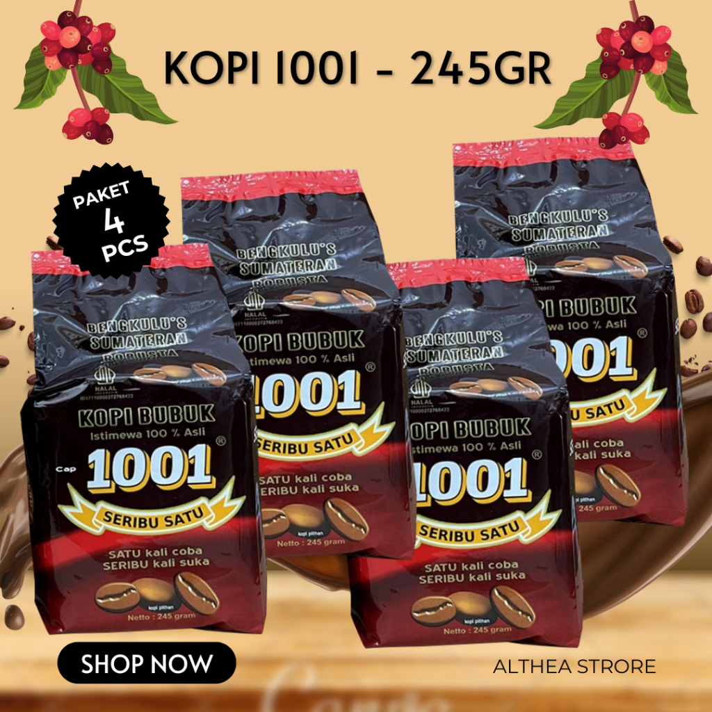 

KOPI HITAM BUBUK ROBUSTA 1001 - 245gr - PAKET 4 Pcs - HITAM BUBUK - ASLI BENGKULU