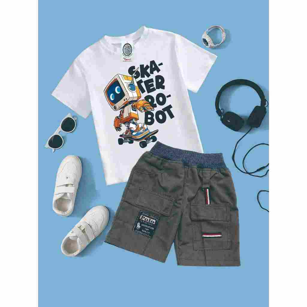Setalan Kaos Anak Gambar Robot/Setelan Kaos Anak Gambar Skater/Setelan Kaos Anak Lucu