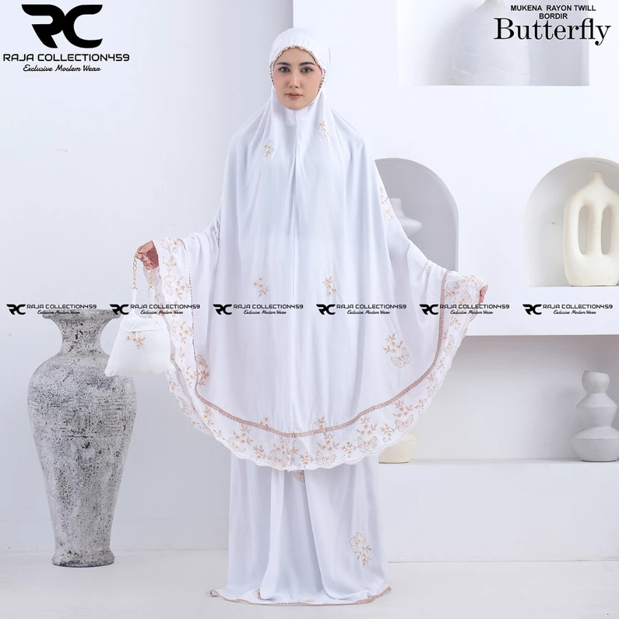 Mukena Dewasa Rayon Twill Premium Bordir Butterfly Putih