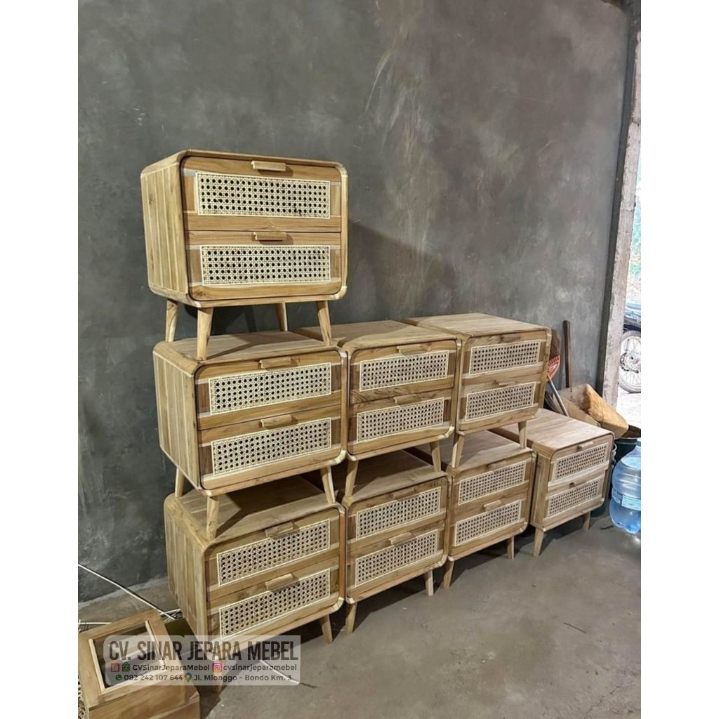 NAKAS JATI 2 LACI ROTAN ASLI SIDE TABLE