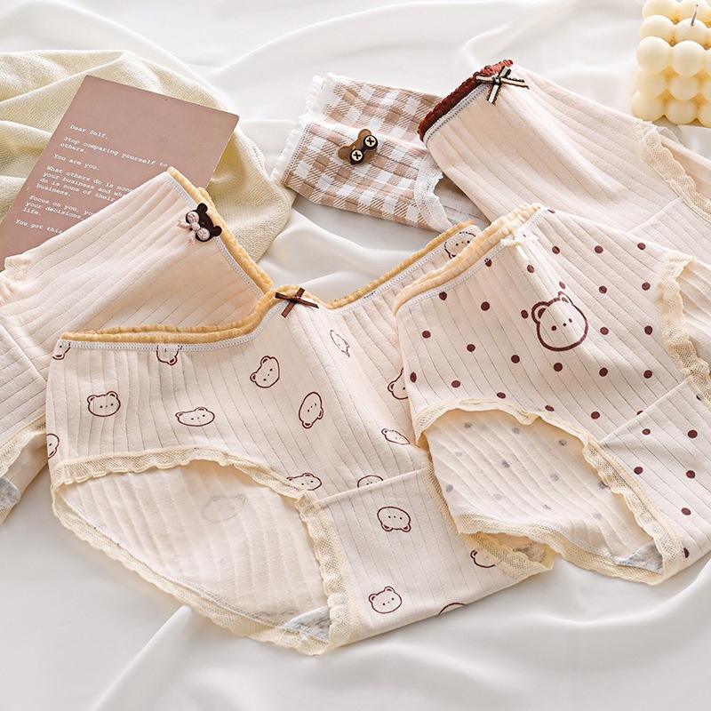 PEACHIE | CD2142 Celana Dalam CD Motif Bear Beruang Cream Lucu Korean Fashion Jepang Underware