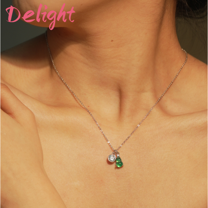 Deilght Kalung Liontin Labu Kecil Lapis Platinum Kalung Berlian Batu giok hijau