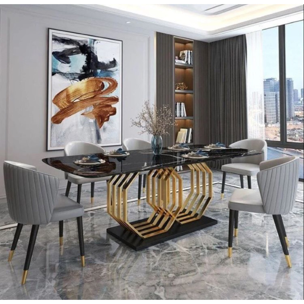 Set meja makan minimalis 6 kursi modern marmer asli kaki besi - Set kursi makan minimalis 6 kursi mo