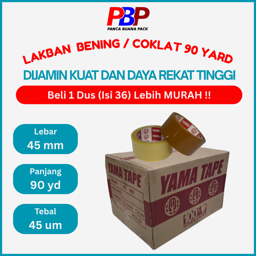 

Lakban Bening Coklat 45mm x 90 Yard 72 Pcs / 1 Dus Ekonomis Merek Yama Dijamin Kuat Daya Rekat Tinggi K90