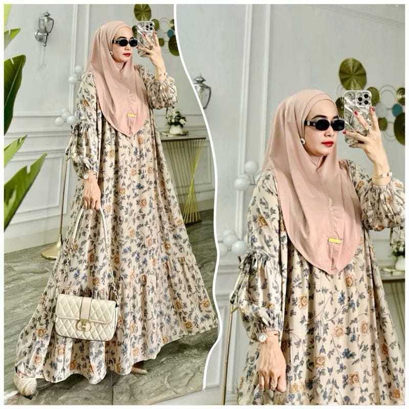Gamis Rayon Motif Lengan Balon LD 110 & 120, Dress Muslimah Panjang, Busui Friendly, Nyaman untuk Le