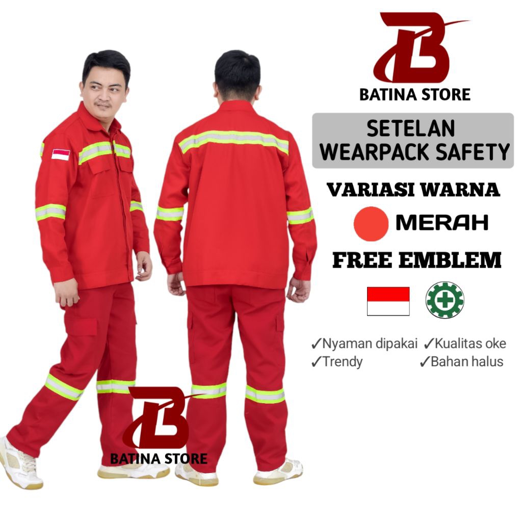 Wearpack setelan safety merah atasan dan bawahan kerja lapangan proyek bahan drill PE