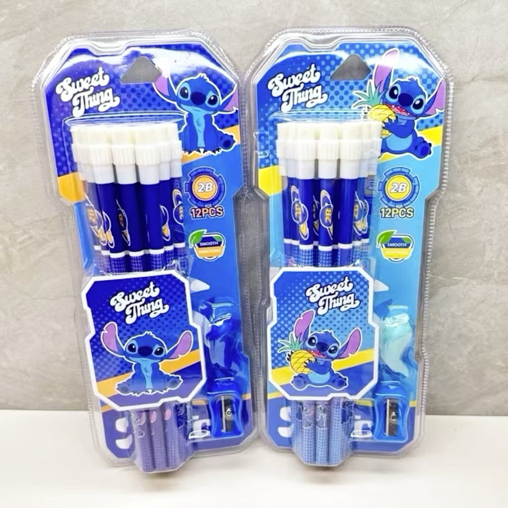 Pensil Anak Stitch isi 12 pcs Pensil 2B Serut Karakter Lucu Kartun