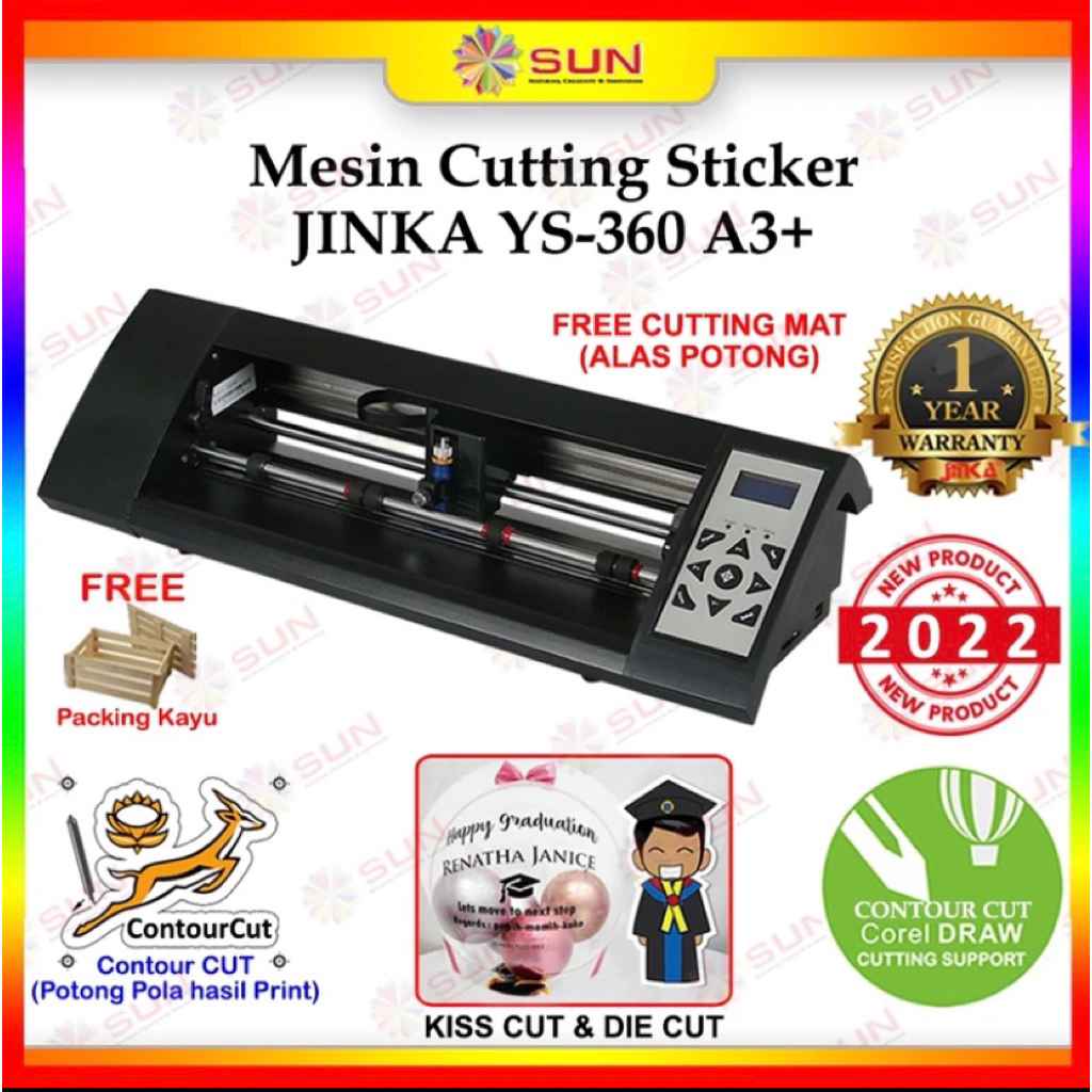 

Mesin Cutting Sticker Jinka YS 360 A3+ Support Cutting CorelDraw Auto Contour Cut + Peti Kayu (Sticker Transparant Balon Gift Wisuda, Sticker Vinyl Bontax, Label, Hangtag, 3G Opague, Transfer Paper, Decal Paper