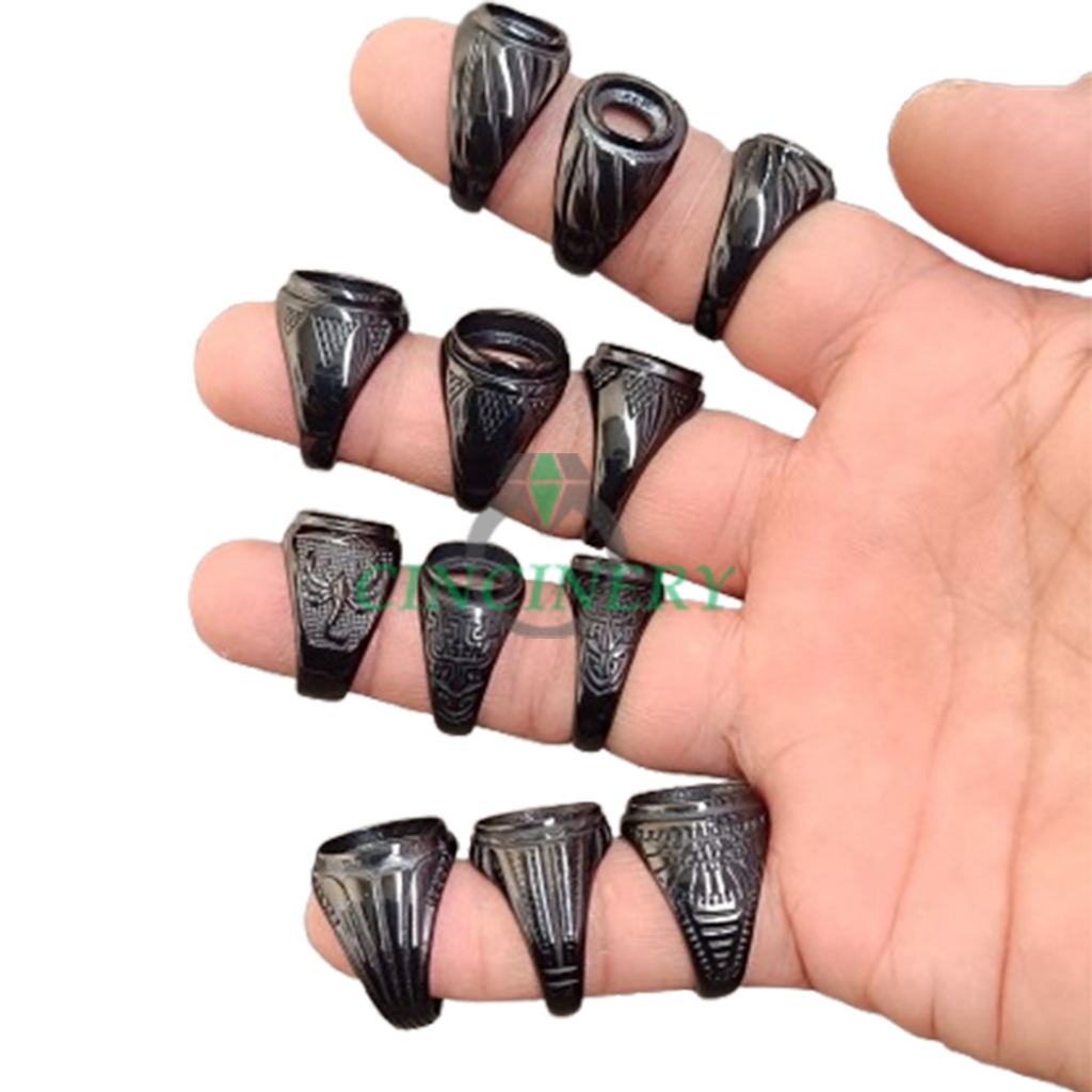 Ring Cincin Titanium Black Super Model Tanam Anti Luntur Batu Akik Permata