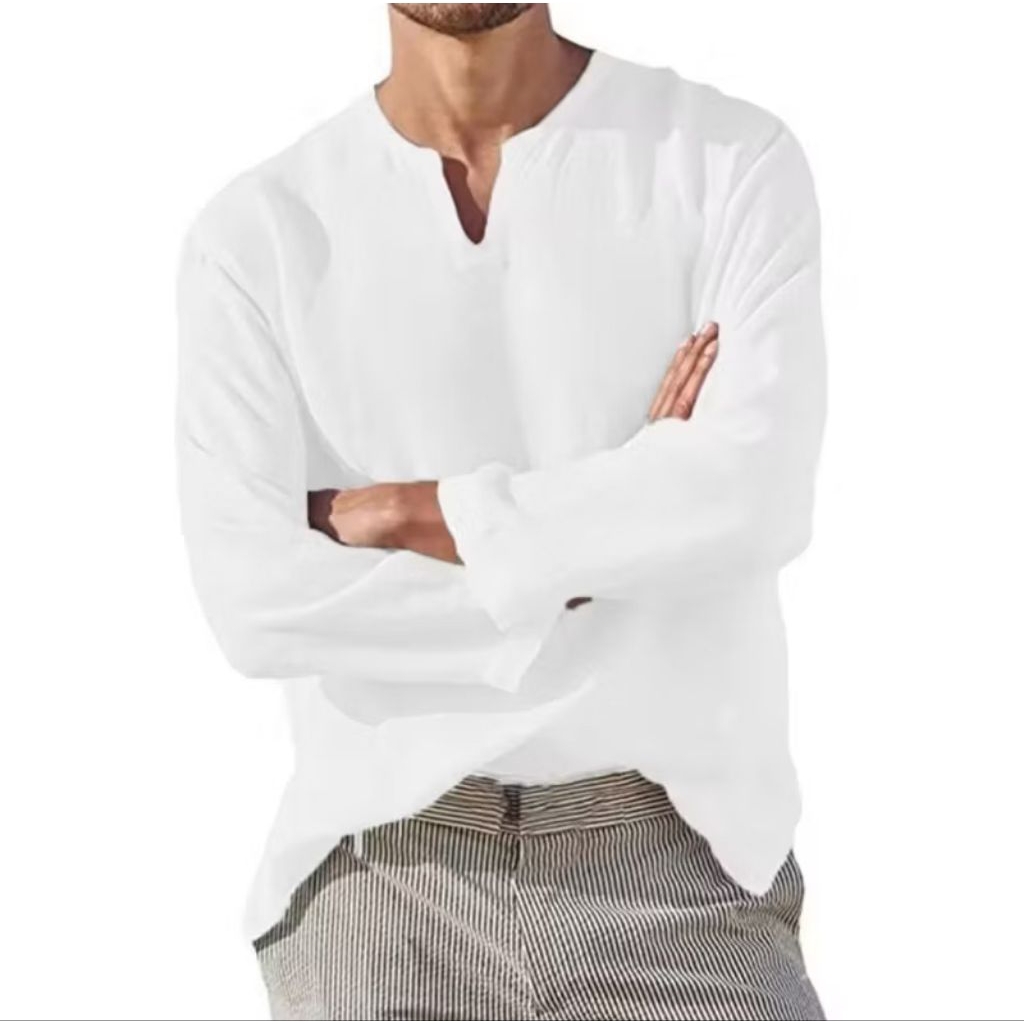 Atasan pria katun linen baju kemeja koko pria tangan panjang, atasan santai casual V-neck pure linen