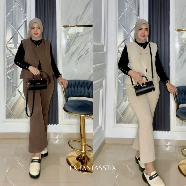 FX - [ SPECIAL LIVE GWEN ] Setelan Vest Kancing Bahan Scuba Premium Nyaman Setelan Wanita Kekinian B