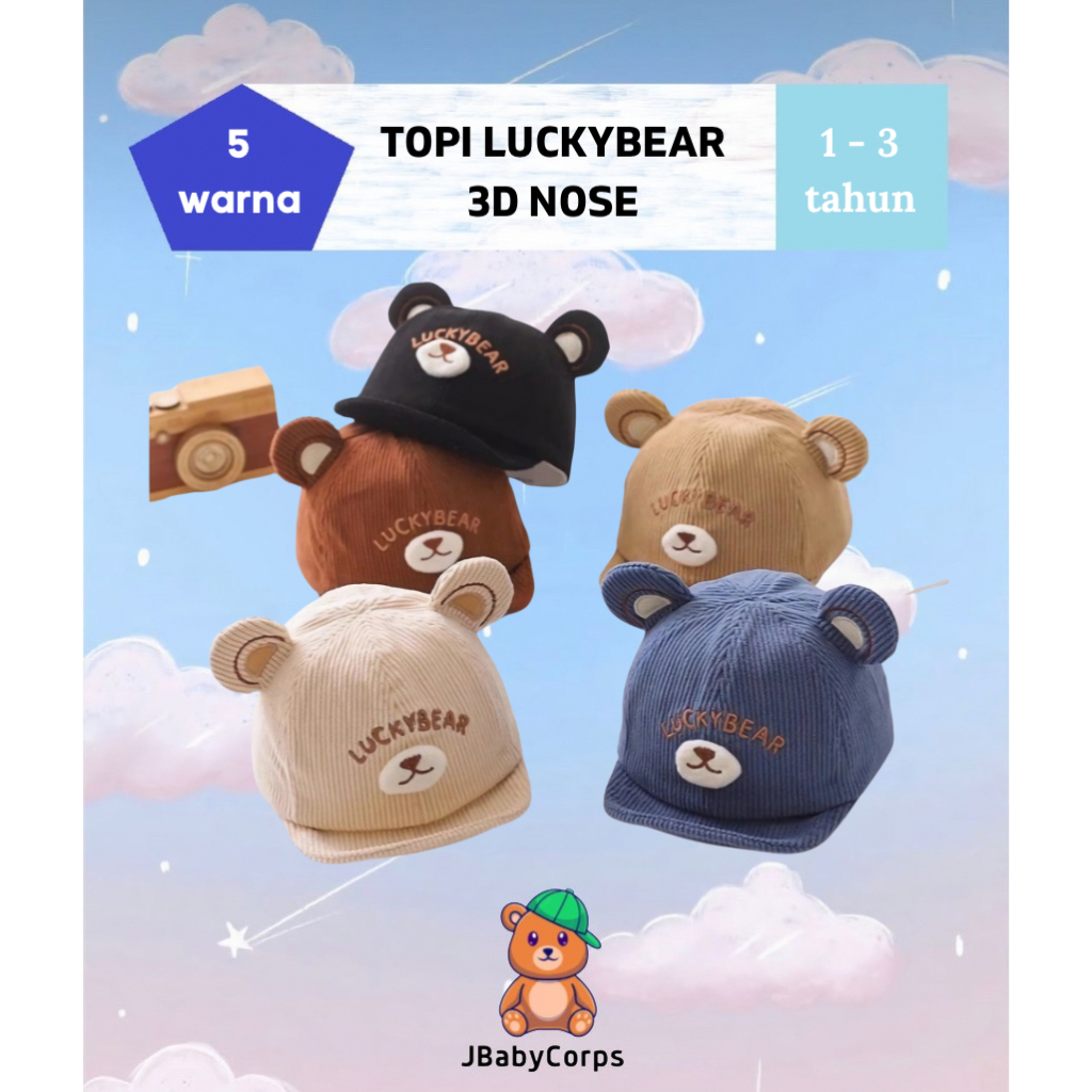 Topi Baseball Anak Bayi Unisex Lucky Bear Bordir Hidung 3D Beruang