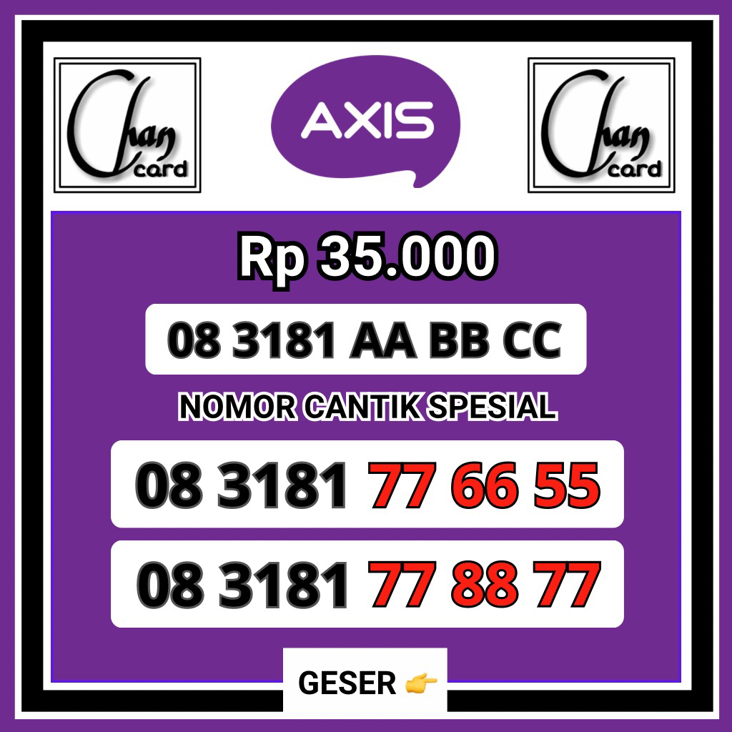 Nomor Cantik AXIS Murah Seri AABBCC Nomer Cantik AXIS XL Termurah Spesial Kwartet Panca Hexa Nocan A