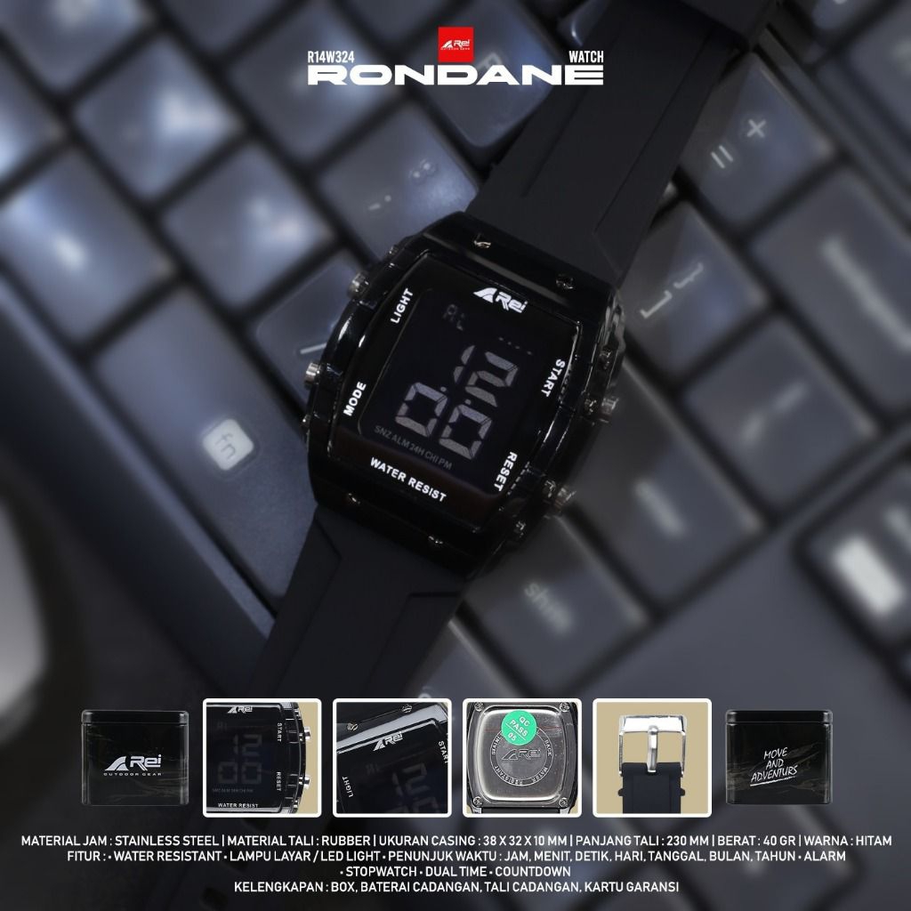Jam Tangan Digital Pria Wanita RONDANE BLK AREI OUTDOORGEAR  - JAM TANGAN DIGITAL WATER RESIST PRIA 
