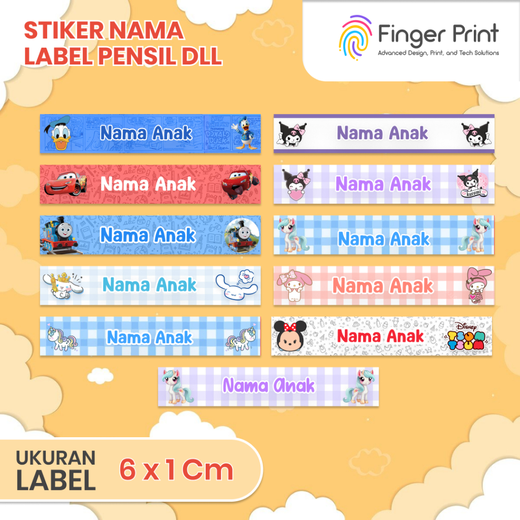 

Stiker Nama Anak Lucu 6x1cm | Sticker Label Buku & Botol | Custom & Siap Tempel | Finger Print