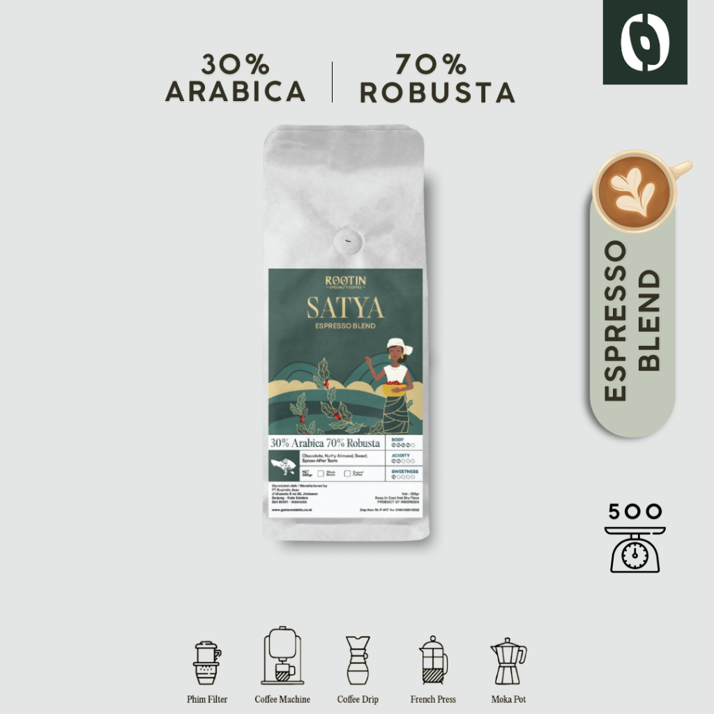 

Rootin Coffee Satya Espresso Blend 30% Arabika 70% Robusta Beans Biji dan Bubuk Kopi / 500gr