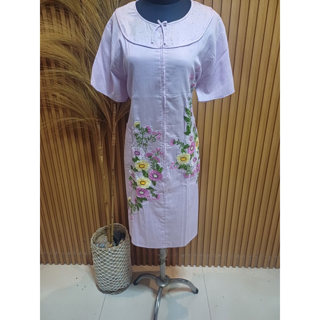 Daster Malang Wanita Katun Jepang Premium Bordir Bunga Aster Ungu