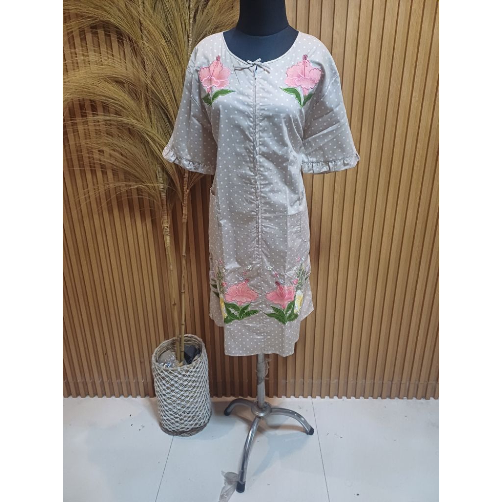 Daster Malang Wanita Katun Jepang Premium Bordir Bunga Sepatu Cream