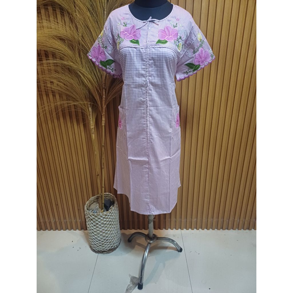 Daster Malang Wanita Katun Jepang Premium Bordir Setali Bunga Ungu