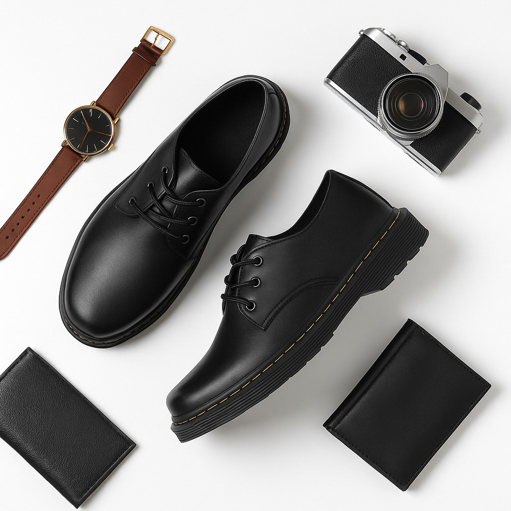 Sepatu Docmart Pria Model Tali 3 Lubang Bahan Kulit Sintetis Warna Hitam