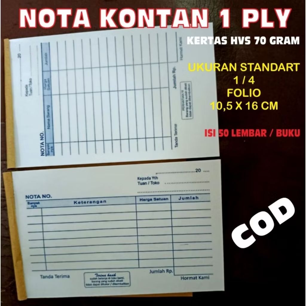 

nota kontan 1 ply hvs 70 gram .ukuran 1/4 folio. isi 50 lembar. ready stock