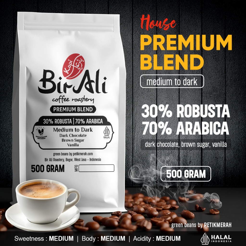 

PREMIUM HOUSE BLEND 30% Robusta 70% Arabika Special Espresso Biji Kopi Bubuk Petik Merah 500 Gram