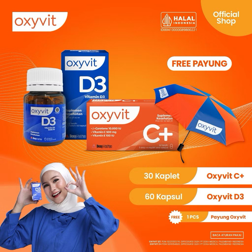 Paket Oxyvit C Plus 30 Kaplet & Oxyvit D3 1000 IU 60 Softgel Suplemen Imun + Free Payung
