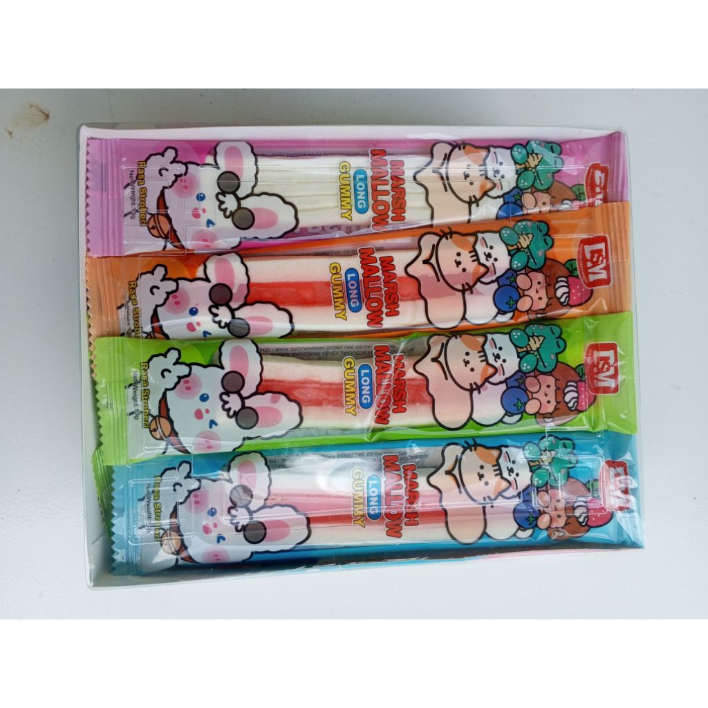 

marsh mallow LONG gummy rasa strobery 1 pak isi 30 pcs